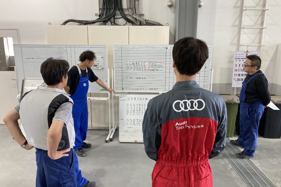 株式会社 光岡自動車：求人情報 - 社員インタビュー／一日のスケジュール｜出社・工場清掃・車両移動など｜１日の仕事内容打ち合わせ｜鈑金作業｜昼食時間｜溶接作業｜車両装備設定（専用コンピューター使用）｜閉店作業・帰社